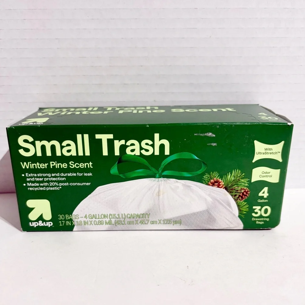 Up&Up Drawstring Holiday Small Trash Bags WINTER PINE Scent 4 Gallon 30 Ct NEW